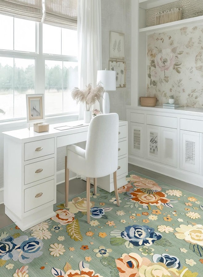 Castage Green Floral Rug 3x5,Boho Washable Area Rugs for Bedroom Living Room Kitchen Entryway Bedside,Small Vintage Farmhouse Bohemian Oriental Non Slip Carpet - Image 5